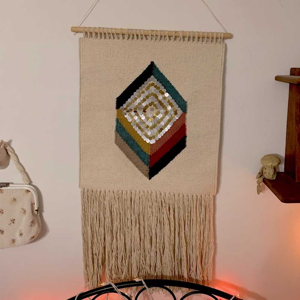 EARTHBOUND Geometric Tapestry with Fringe - Cream, Black, Green, Red, Gold